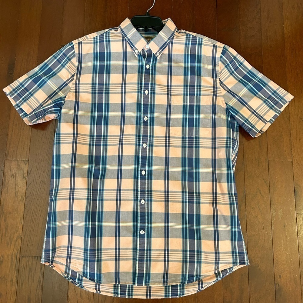 FOUNDRY COMFORT STRETCH XLT PINK BLUE BUTTON UP SHORT SLEEVE PLAID TOP cotton - Picture 2 of 8